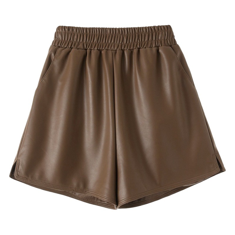 2023 autumn and winter pu leather shorts women's small elastic high waist A- line wide leg pants slim outer wear base boot pants