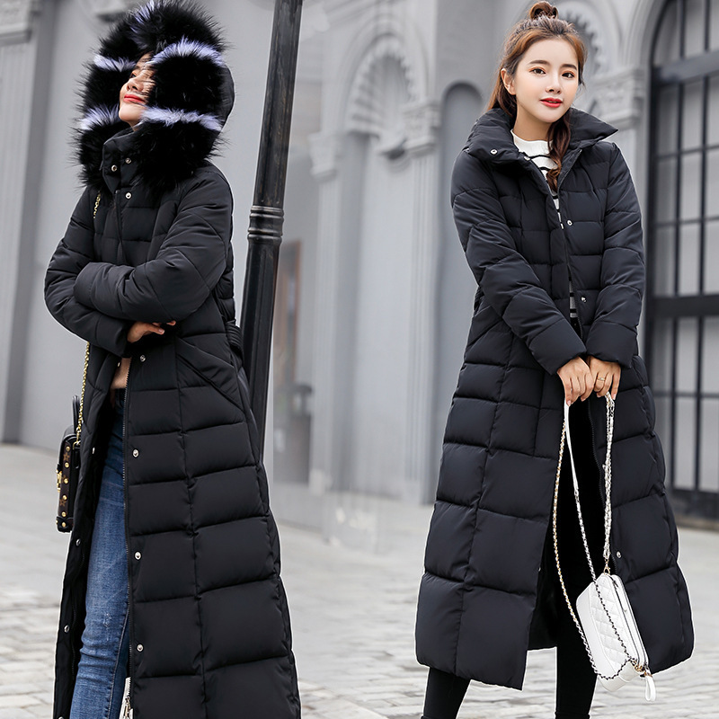 Cross-border Winter New Style Cotton Clothes Women's Long Over-knee Slim-fit Thickened Coat Large Fur Collar Down Cotton-padded Jacket