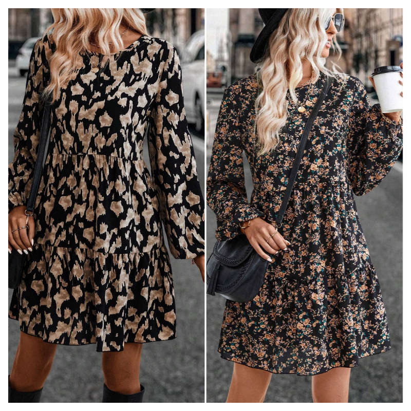 Real shot 2024 foreign trade cross-border AliExpress Amazon Europe and the United States new round neck lantern sleeve fashion dress