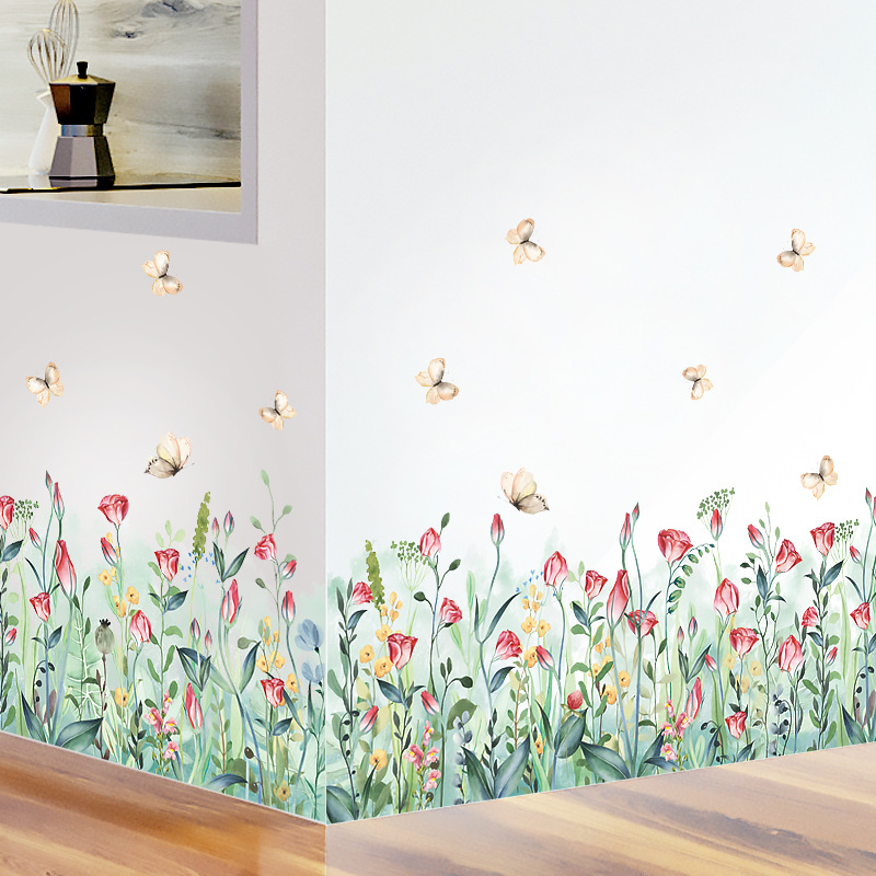 Ht72007 Ins Style Fresh Flowers and Grass Butterfly Skirting Living Room Bedroom Entrance Background Wall Removable Sticker