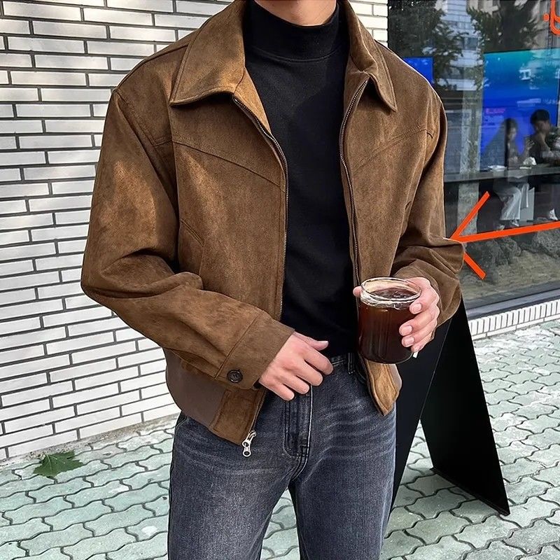 Autumn and Winter South Korea Men's Short Loose Lapel fleece-lined Pull Suede Bomber Jacket Hong Kong Style Trendy Coat