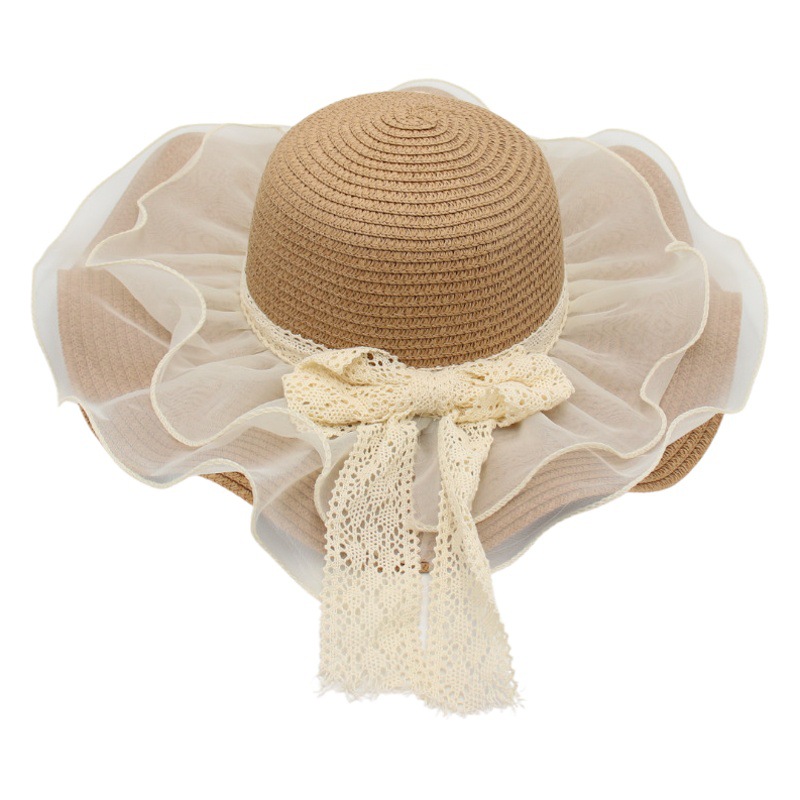 Japanese Style Ins Elegant Lace Strap Straw Hat for Girls Summer Vacation Seaside Beach Sunscreen Sun Hat