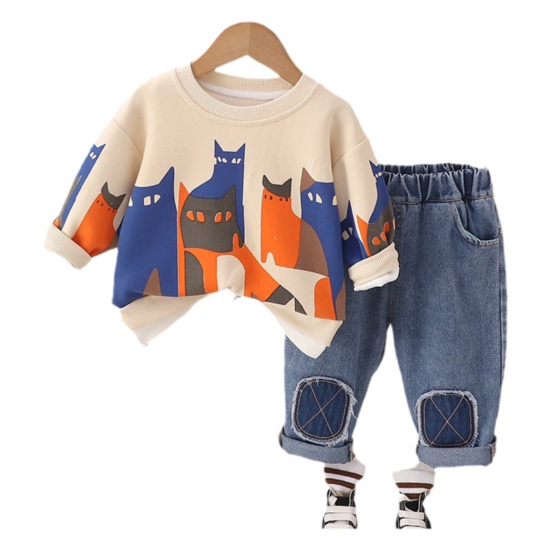 Casual wear boys suit foreign trade Autumn New comfortable full print kitten long sleeve pants two-piece factory wholesale