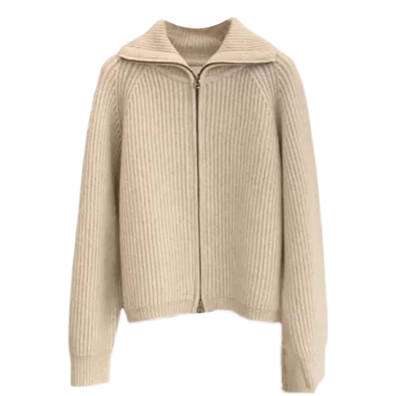 Spring and Autumn lazy style turtleneck thickened knitted cardigan Korean ins zipper design sense niche lapel sweater for women