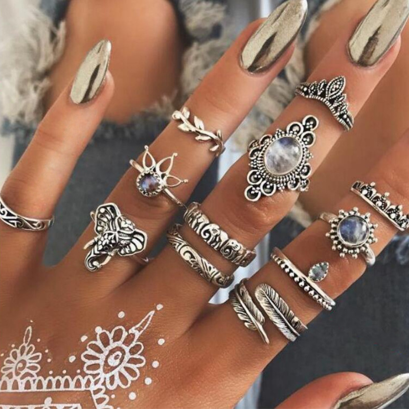 European and American Hot Sale Bohemian Index Finger Ring Gemstone Vintage Carved Geometric Totem Finger Ring 12 Piece Set