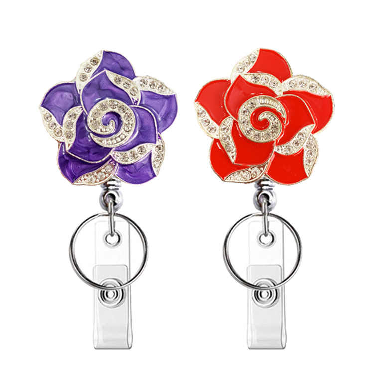 Picture of Silver Electroplating easy pull buckle metal color rhinestone drop oil rose Camellia retractable buckle easy pull ID buckle
