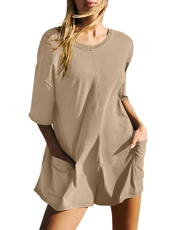 Picture of Amazon European and American Women's Independent Station New Loose Casual Pocket Pumpsuit Short Sleeve V-Neck Backless Pumpsuit