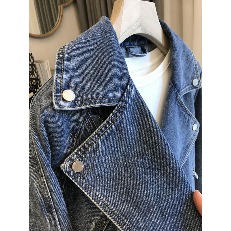 Picture of Fried Street section ~ trend is full, fashionable fine love! Motorcycle Large Lapel Zipper Long Sleeve Denim Jacket