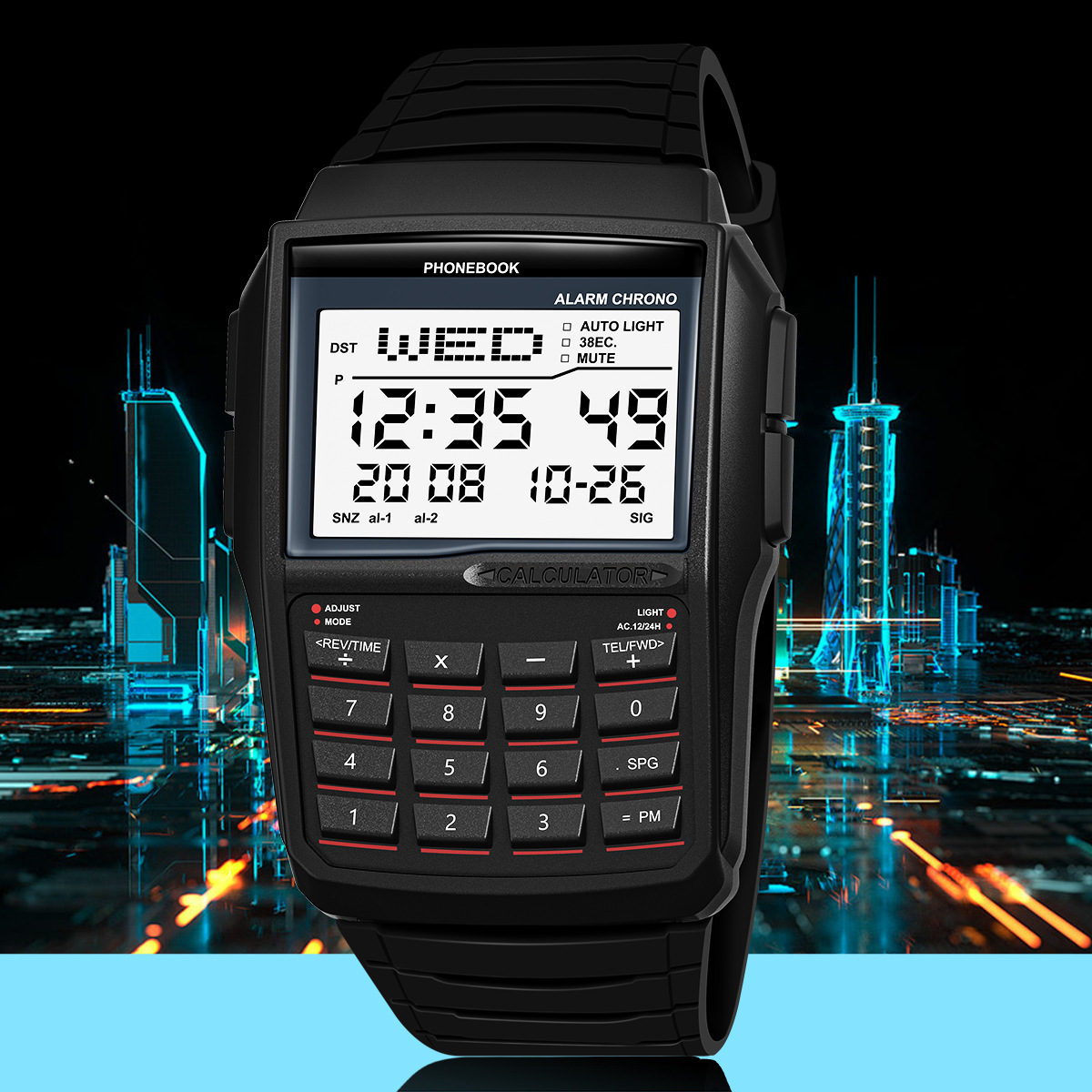 Picture of Trendy Multifunctional Retro Watch Calculator Phone Number Book Waterproof Luminous Electronic Watch Men's Watch Men