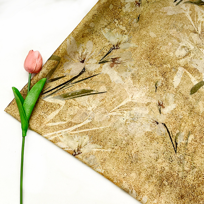 Yellow-brown flower bloom new Chinese style gauze skirt, Hanfu shirt, cheongsam, Tencel linen fabric, handmade DIY fabric