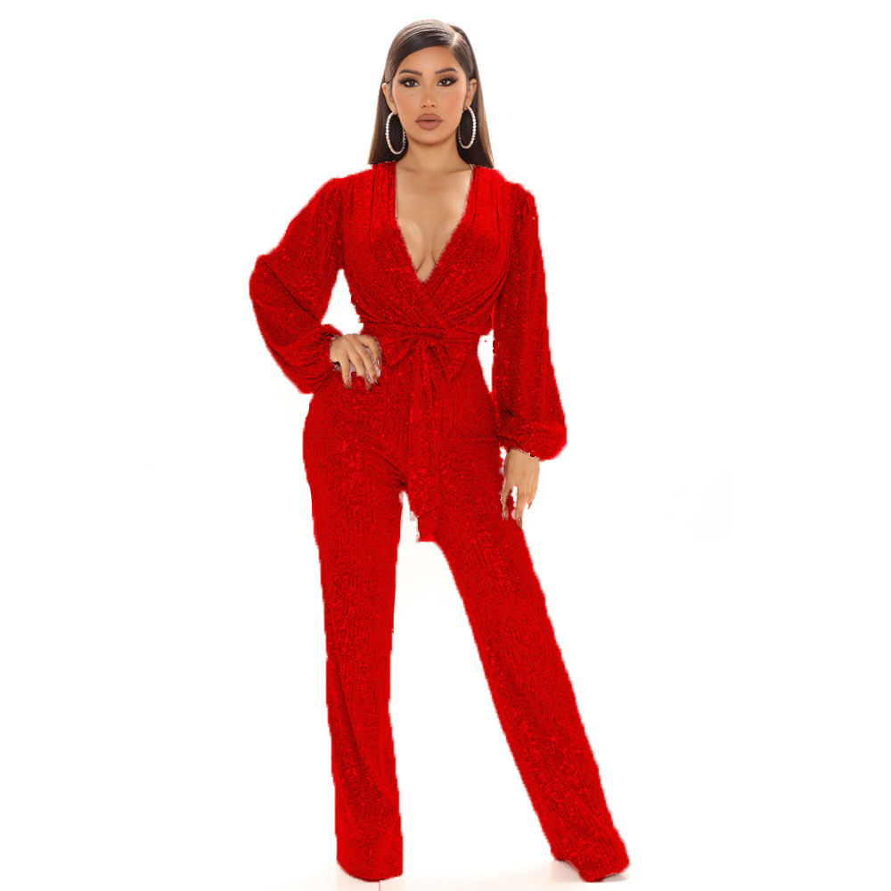 Picture of Amazon Explosions Autumn European and American High-end Women's Sequins Deep V-Neck Long Sleeve Pants Foreign Trade Pants