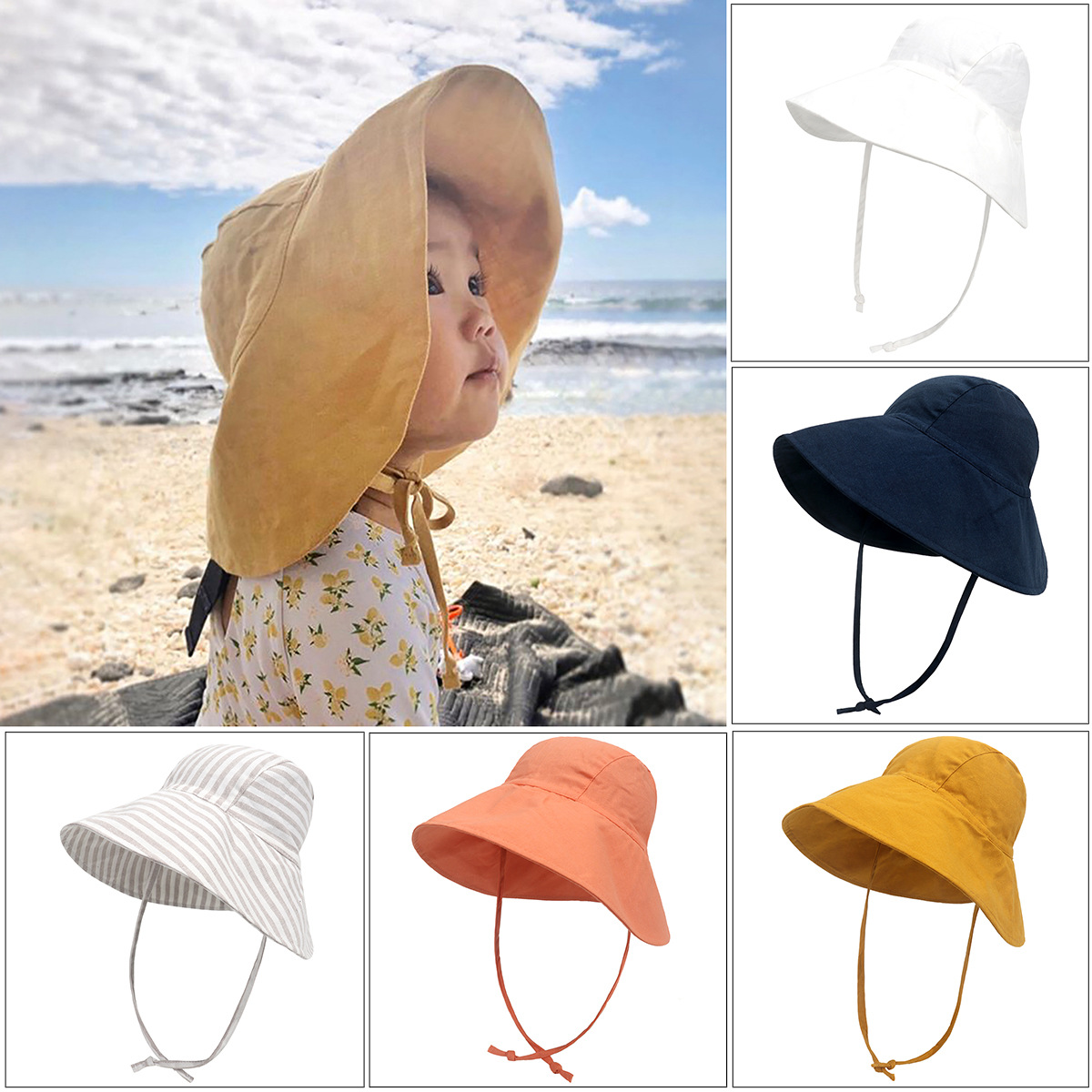 Picture of European and American Summer New Small Kidsren's Sun Hat Infant and Toddler Outdoor Large Brim Basin Hat Cotton and Linen Breathable Sun Protection Hat