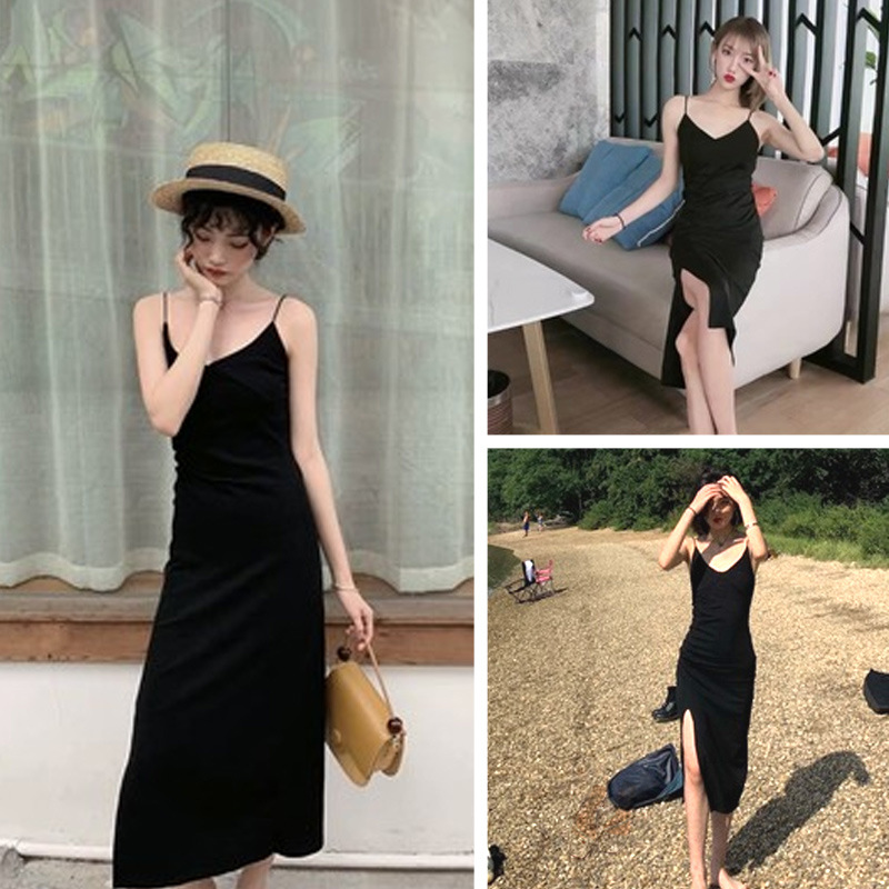 Picture of Suspbottomer Dress Women's Platycodon French Slimming Look 2025 New Summer Retro Slit Inner Bottoming Little Black Skirt