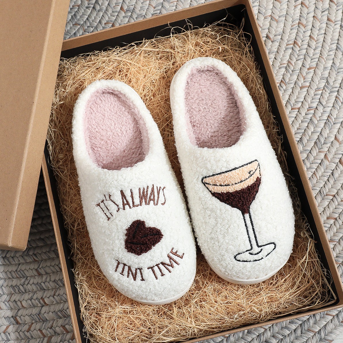 European and American Popular Martini Glass Cotton Slippers for Women's Home Comfortable Plush Embroidered Slippers Tiktok Amazon Winter