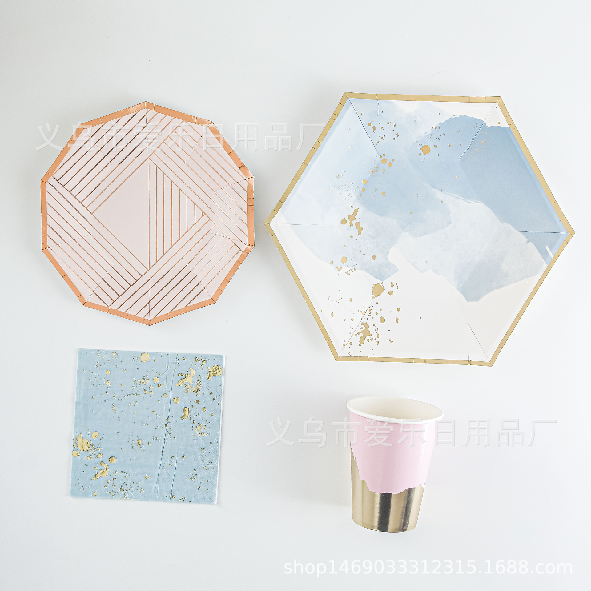 Picture of New ink blue hexagonal hot stamping paper plate wedding ceremony birthday party paper cups paper towels cross-border for now