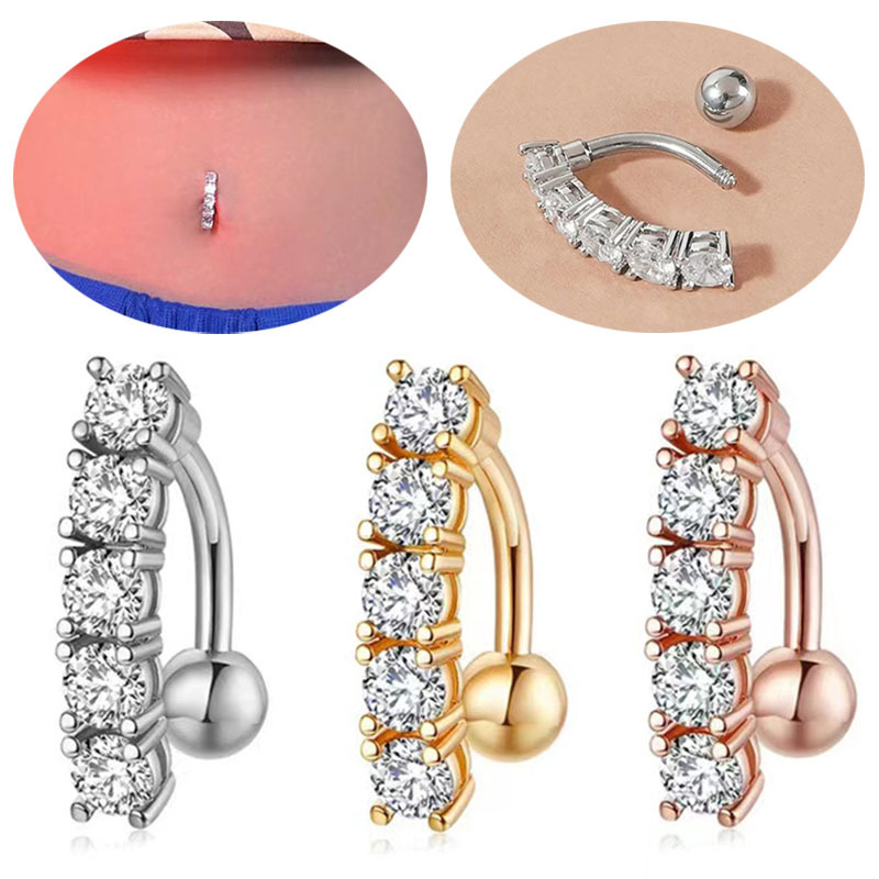 Europe and the United States cross-border hot selling stainless steel 5 zircon navel ring zircon inverted wearing umbilical ring navel nail piercing jewelry