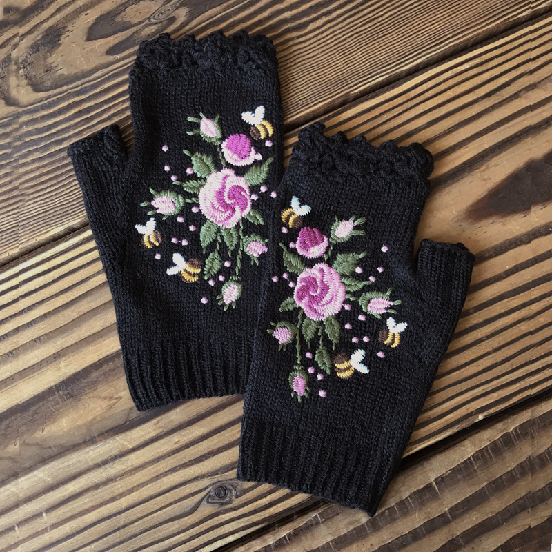 Picture of ins Hot Selling Autumn and Winter Women's Warm Wool Half-Finger Gloves Bee Small Flower Embroidered Knitted Gloves