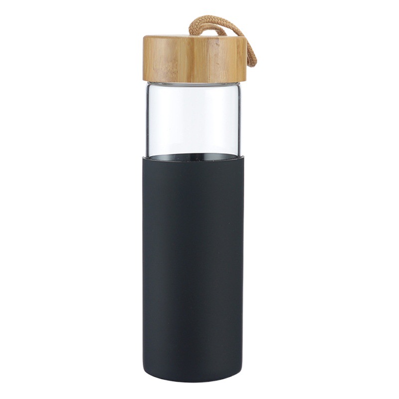 High Borosilicate Glass Cup with Silicone Cover Creative Bamboo Lid Single Layer Water Cup Summer New Portable Cup with Lanyard