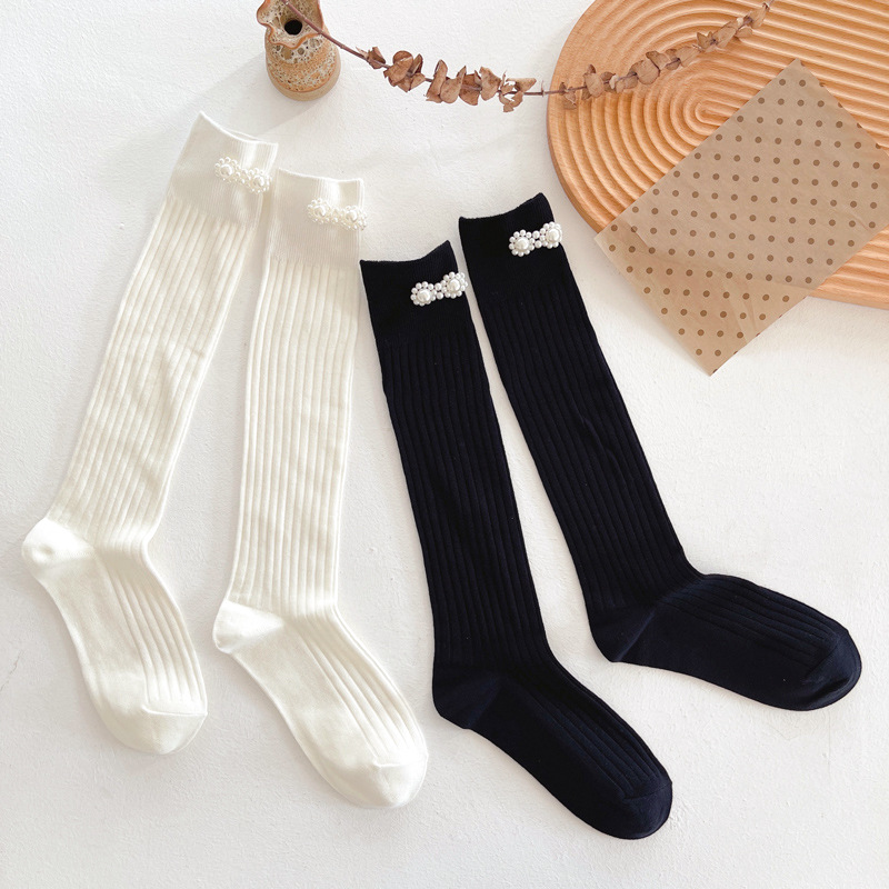 Sr Beaded High-Gloss Pearl Socks Double-Needle Black and White Fairy Socks Pure Cotton Internet Celebrity Retro Calf Socks for Women to Look Slim