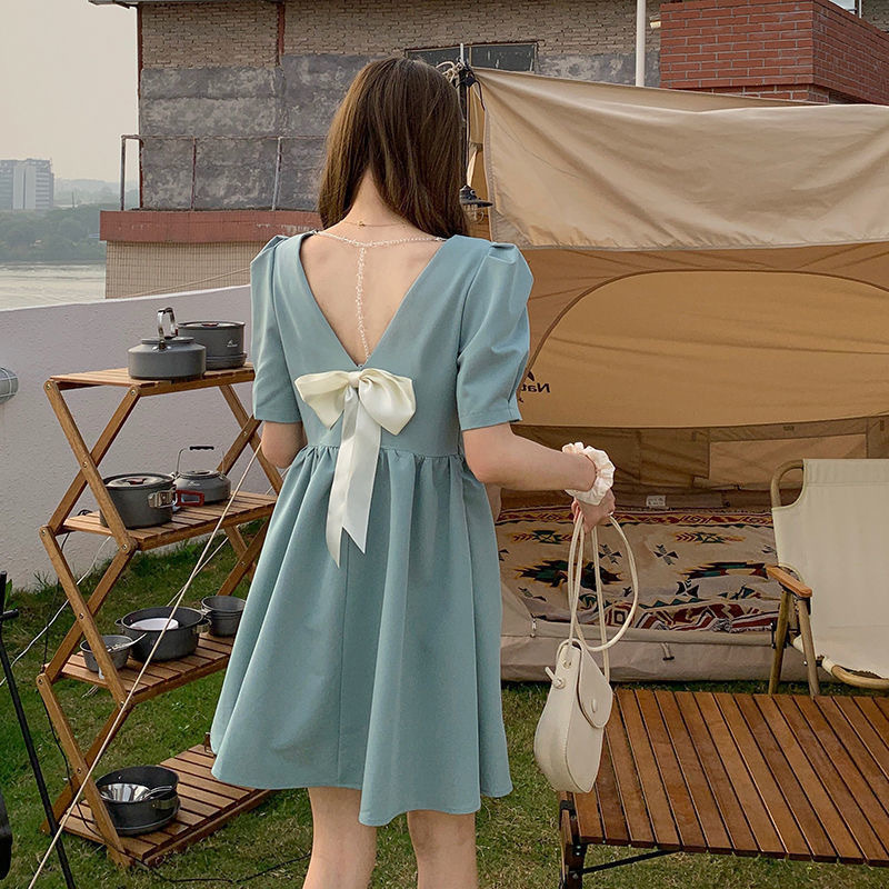 Picture of Korean style cross-border new French backless waist slimming design bow short sleeve high-end dress women's clothing