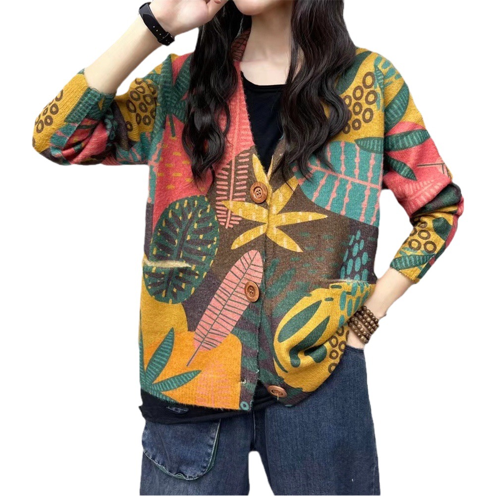 Mink Velvet Knitted Sweater for Women 2024 New Fashion Printed and Dyed V Neck Cardigan Outer Wear Casual Women's Autumn and Winter Outwear