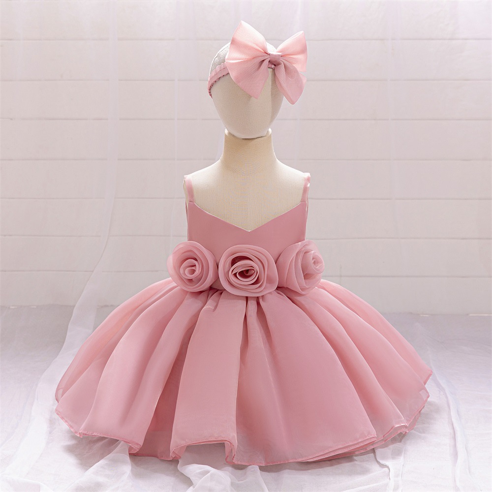 Babydress Cross-Border New Baby One-Year-Old Dress Stereo Flower Princess Skirt Host Piano Performance Clothing