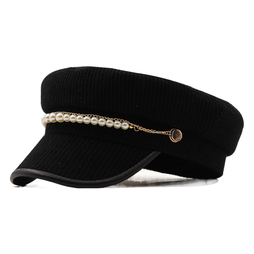 2021 Hat Women's Autumn and Winter New Solid Color Navy Cap Pearl Chain Korean Trendy Student Cap Beret