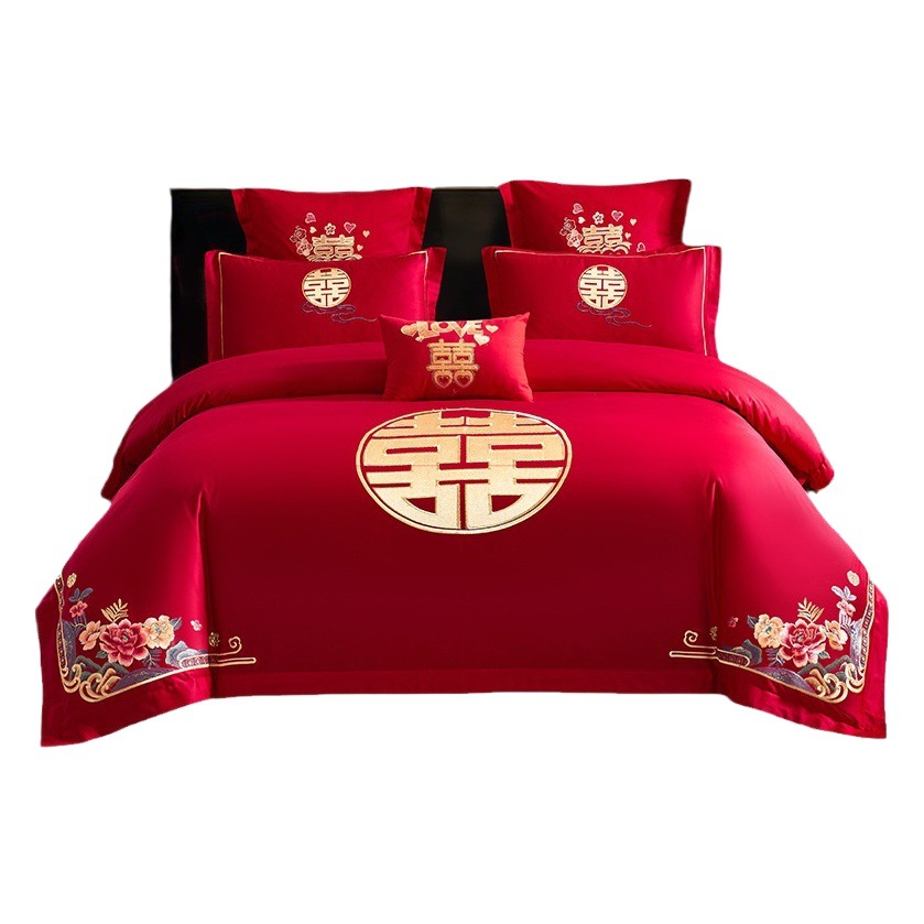 Wedding Four-Piece Set Embroidered Wedding Pure Cotton Bright Red Wedding Room Embroidered Bedding Quilt Bedding