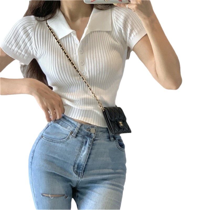 Summer 2024 Internet Celebrity Slim fit slimming short top Korean style retro small lapel short sleeve knitted T-shirt for women