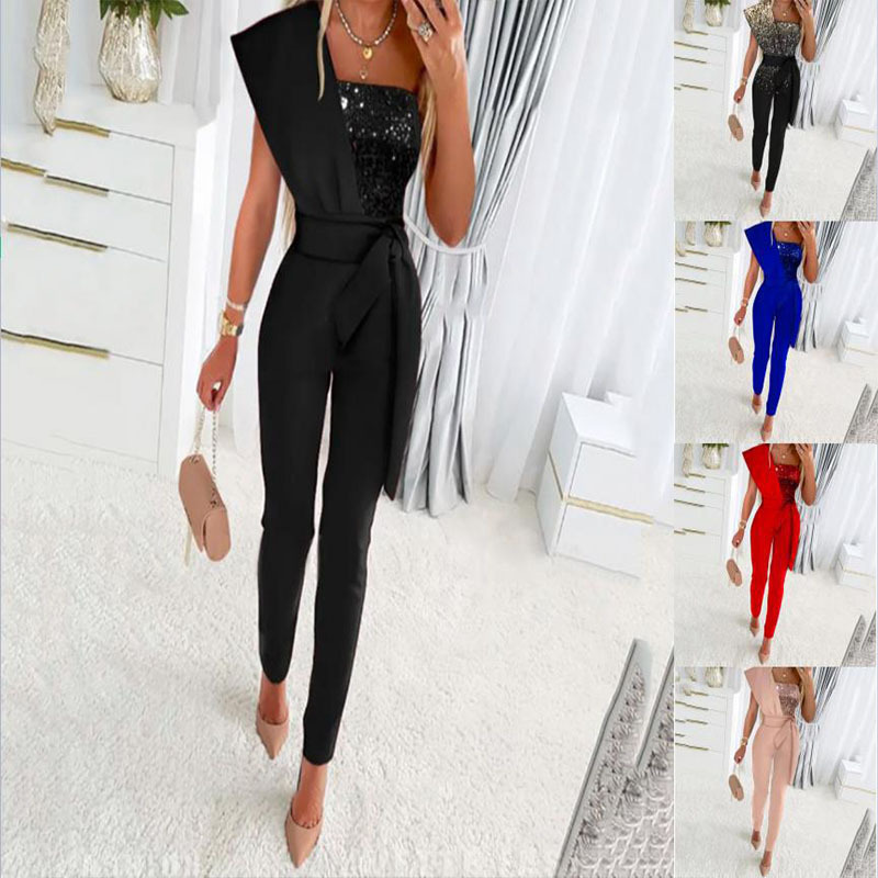 2024 Spring and Summer Explosions Bead Pants European and American New Belt Slim Fit suit Sleeveless Bead Pants for Women