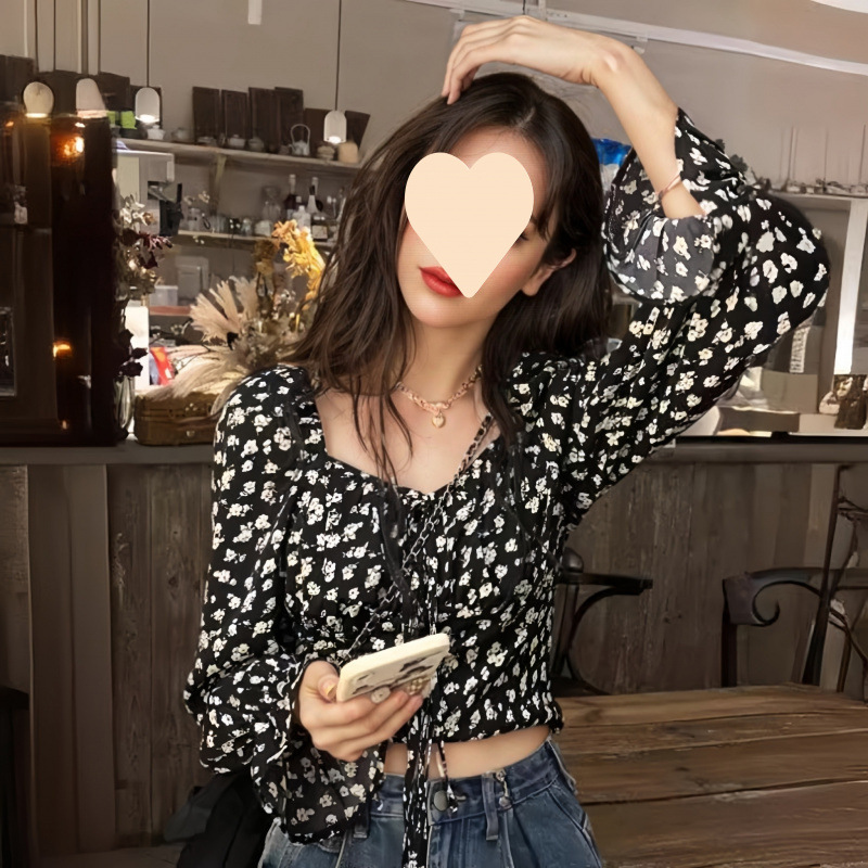 European and American Bubble Short French European and American Style Design Long-Sleeved Floral Autumn and Winter Square Collar Sexy Sexy New Thin Style in