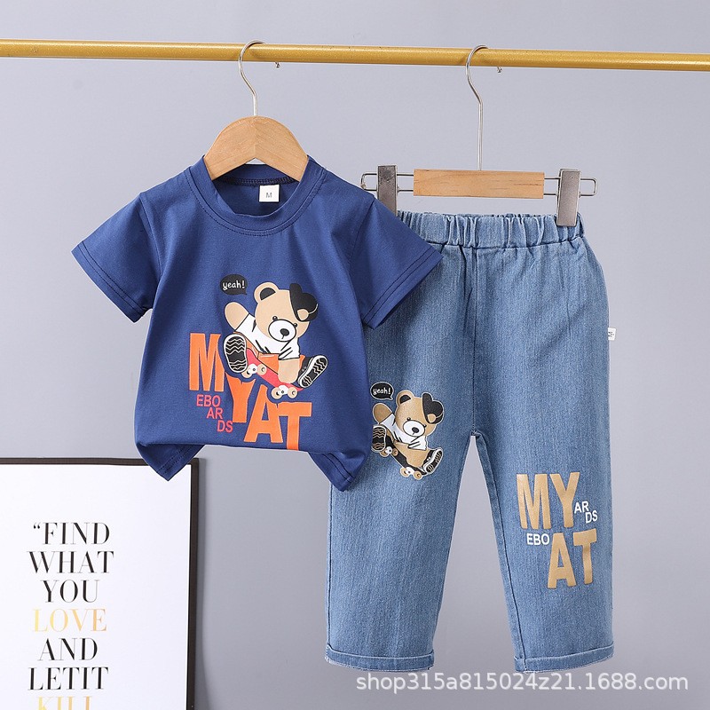 Picture of Summer 2024 new 0-5 years old children's suit cartoon car animal crew neck short sleeve jeans two piece cotton
