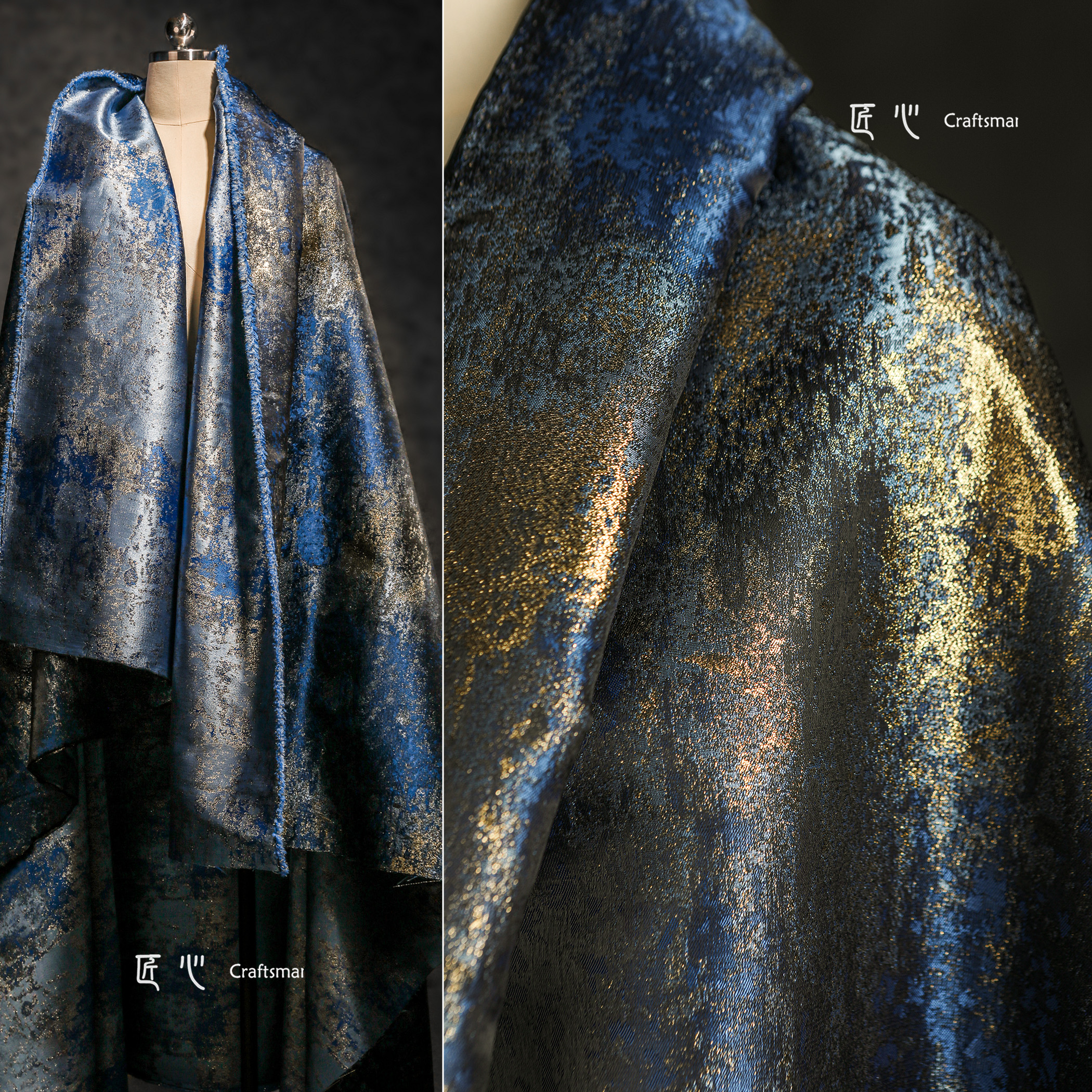 Blue Gilt Double-Sided Gradient Jacquard Fabric Retro Texture Chinese Style Cheongsam Creative Clothing Designer Fabric