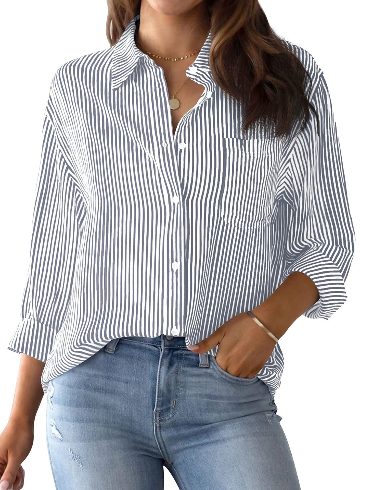 Picture of 2024 Amazon Foreign Trade Cross-border Autumn New Printed Striped Cardigan Top Casual Fashion Long Sleeve Shirt for Women