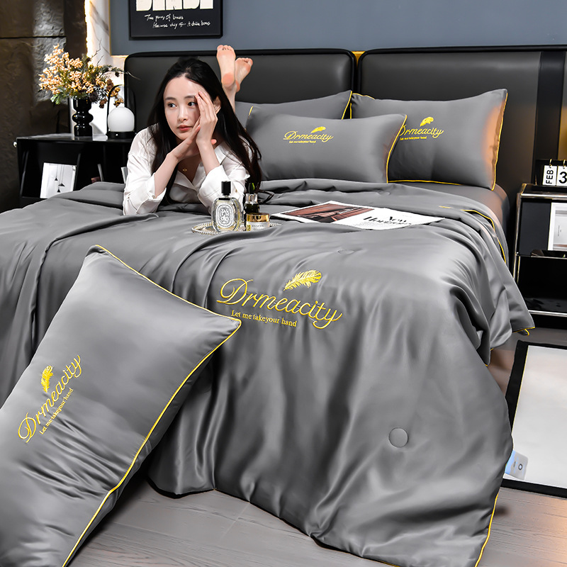 Picture of Class A Washed Ice Silk Summer Quilt Four-piece Set Summer Cool Quilt Nude Sleeping Embroidered Air-conditioning Quilt Cool Silk Summer Thin Quilt
