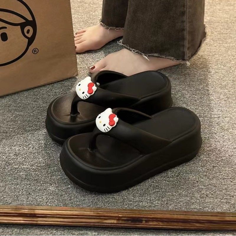 Cute KT Cat Flip Flops Women's Seaside Beach Shoes 2023 New Style Platform Thick Bottom Wedge Slippers Sandals