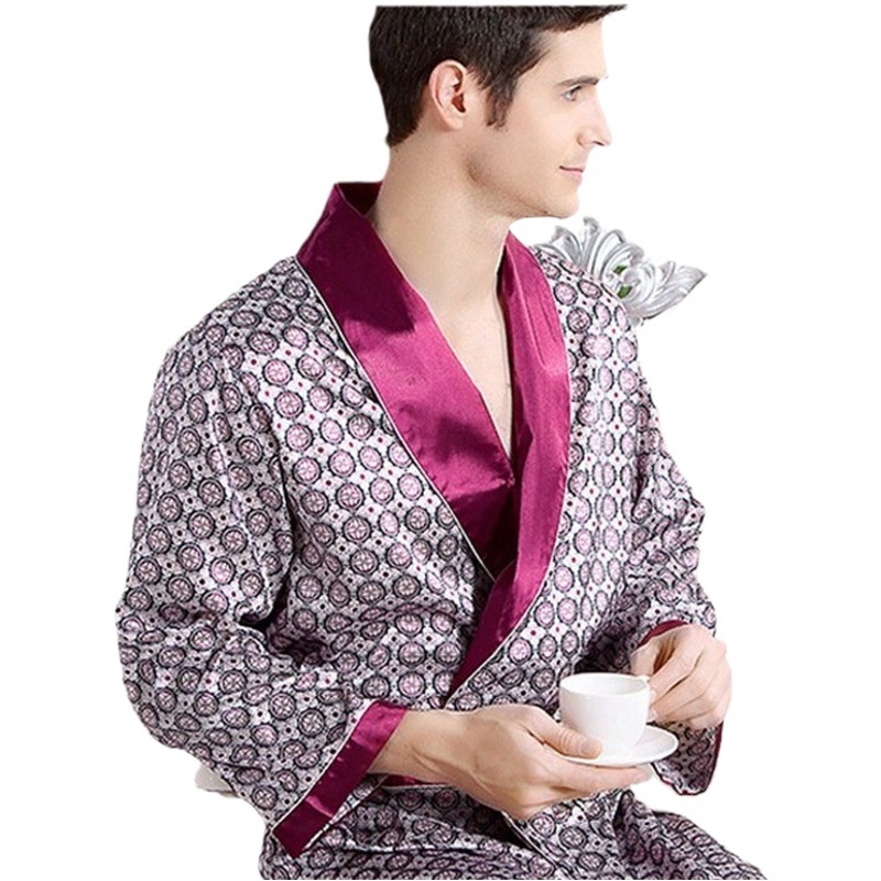 Men's Home Silk Nightgown Summer Thin Imitation Silk Long-sleeved Pajamas Men's Plus Size Foreign Trade Bathrobe