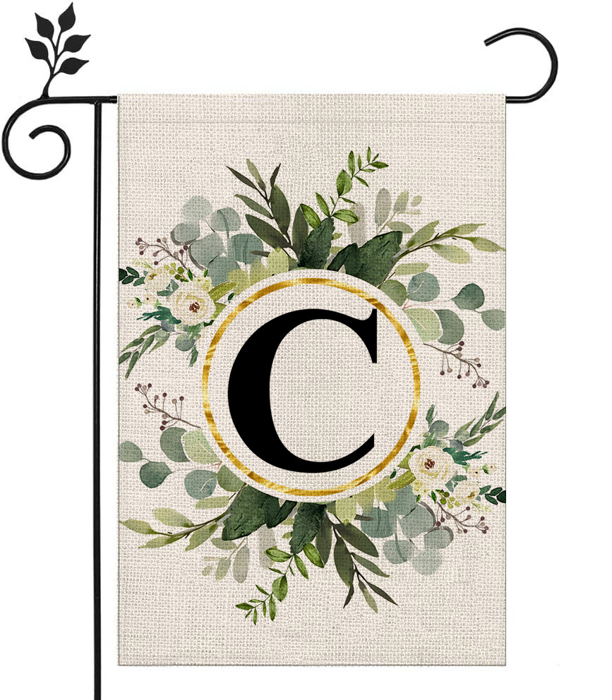Picture of Simple ins style 26 letters + green plant printed linen garden flag surname initials courtyard door flag