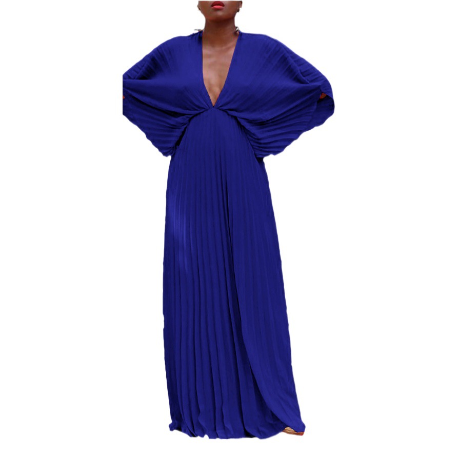 C8538 Amazon Cross-border Large Size Women's Clothing Summer European and American V-neck Bat Sleeve Loose Casual Pleated Foreign Trade Dress