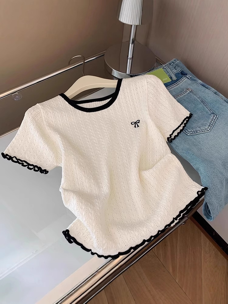 Korean-style White Embroidered Bow Short-sleeved Shoulder T-shirt Women's Summer Small Knitted Shirt Slim-fit Short Top