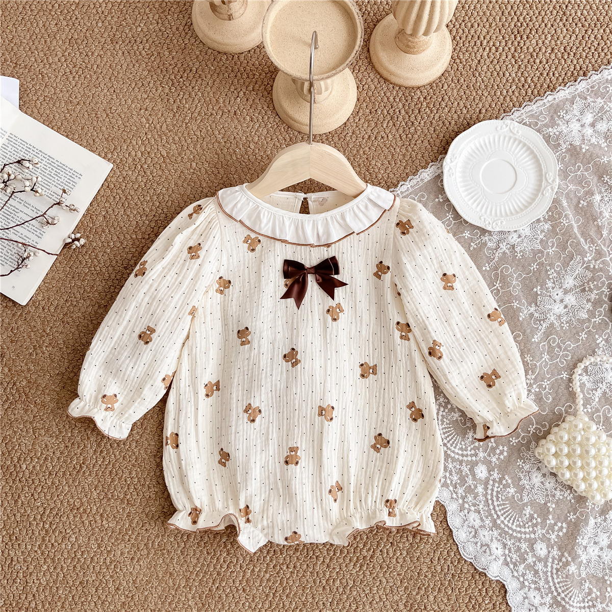Ins Style Cross-border Western Style Long-sleeved Cute Spring and Autumn Cotton Yarn Baby Girl's One Hundred Days Old Bag Fart Clothes Fashion
