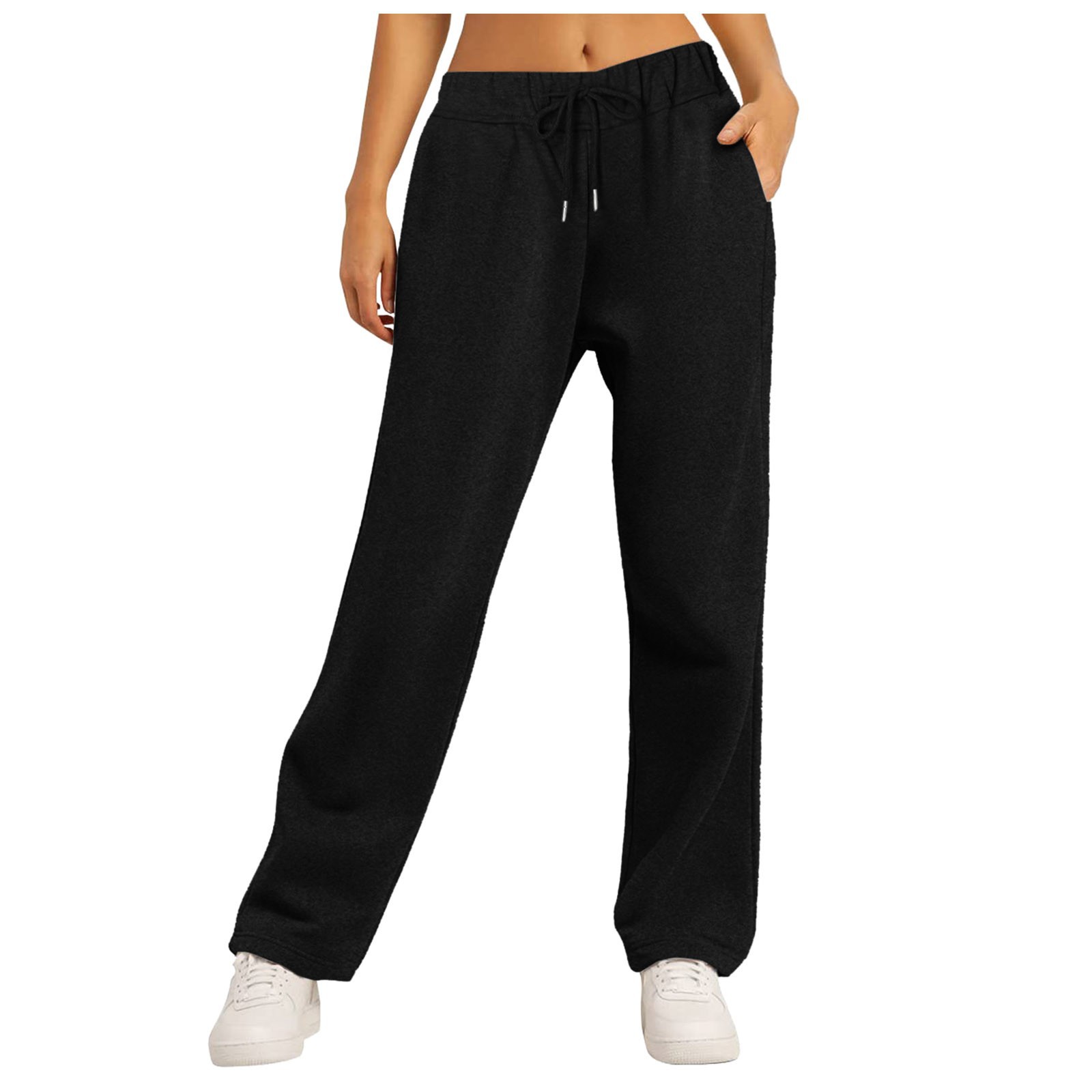 Picture of Amazon new side pocket elastic waist pants rope solid color straight wide leg fleece padded pants 9702