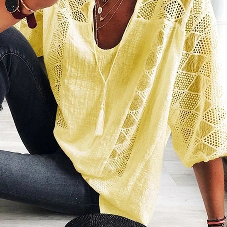 2025 Loose Aliexpress Amazon Wish New European and American Lace Splicing U-Neck Three-Quarter Sleeve Top