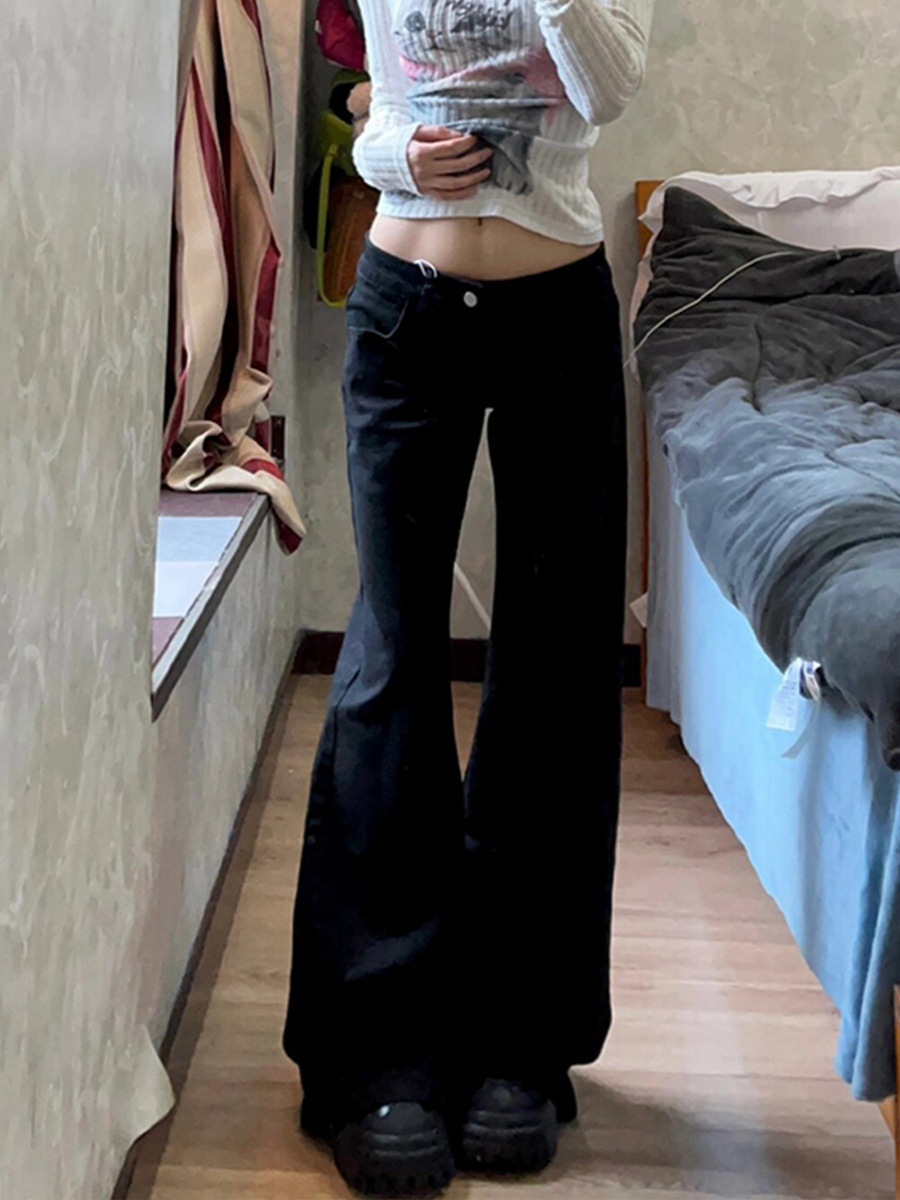 Picture of Hot Girl Low-rise Black Wide-leg Slimp Jeans Women's Spring and Autumn New Loose Slimming All-match Trailing Trumpet Pants