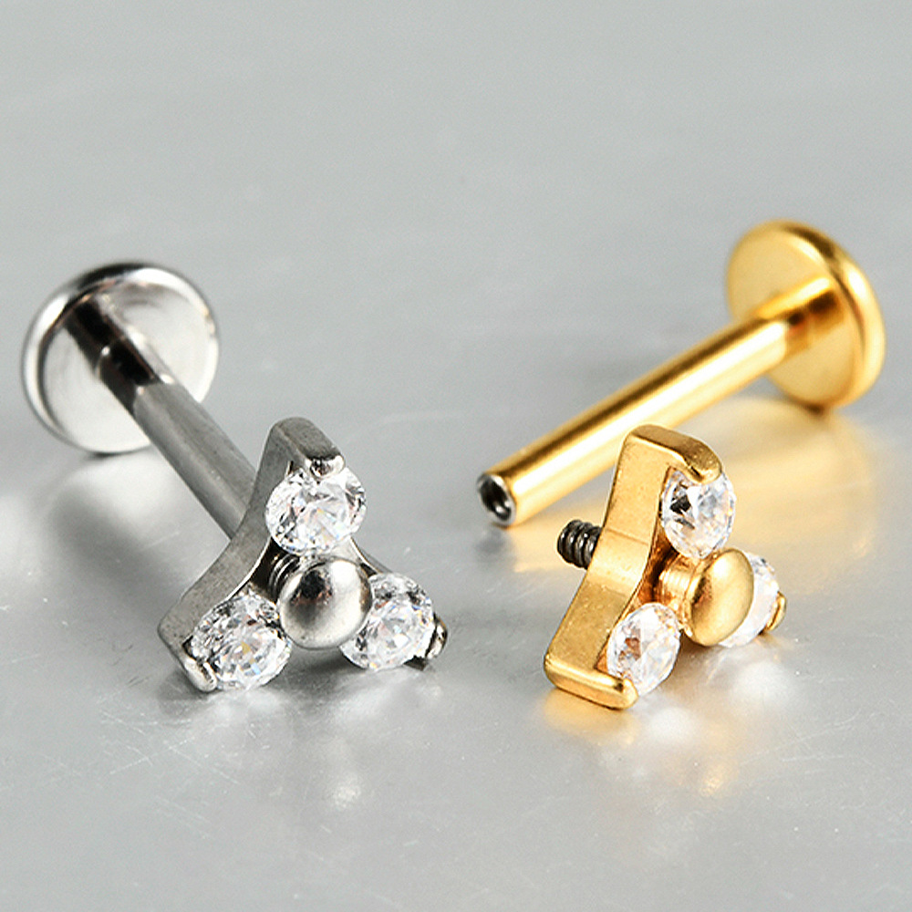 Picture of Cross-Border G23 Titanium Alloy Triangular Zirconium Lip Nail Triangular Flower Triangular Internal Thread Ear Bone Nail Piercing Jewelry
