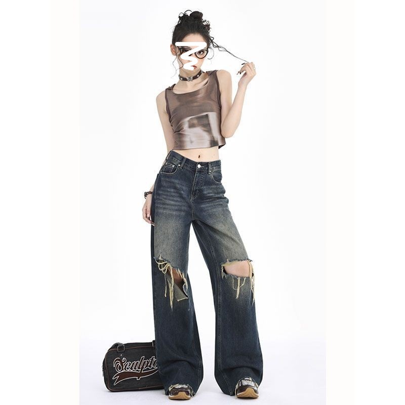 Old Washed Ripped American Style Retro Jeans Women's High Waist Slimming Straight Leg Wide Leg Trousers Summer New