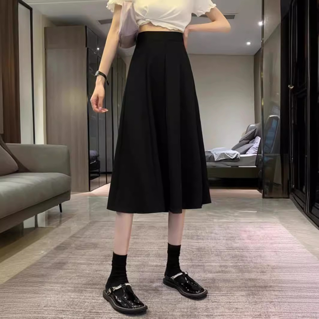 2025 New Summer High Waist Slimming Skirt Women's Black A- Shaped Mid-Length Pear-Shaped Body chubby girl Hip Skirt