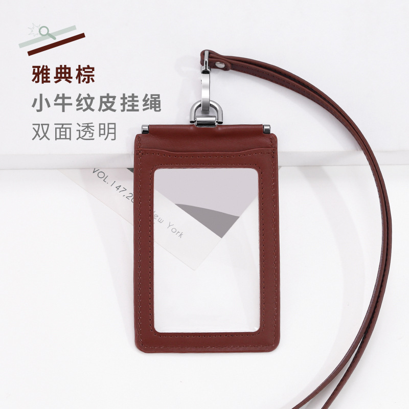 Picture of Carefully Selected First-Layer Genuine Leather Work Card Holder 70*100 Double-Sided Transparent Large Work Card Holder with Lanyard