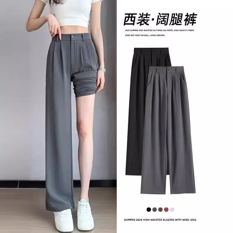 Grey Wide Leg Women's Summer Thin High Waist Dipped Straight Casual Short Narrow Edition 2024 New Style Dress Pants