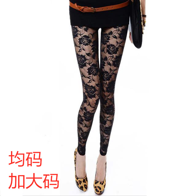 Autumn Sweet Lace Rose Cut Out Leggings for Women Crocheted Translucent Thin Slimming Look Nine-Point Pants Plus Fat Size K218